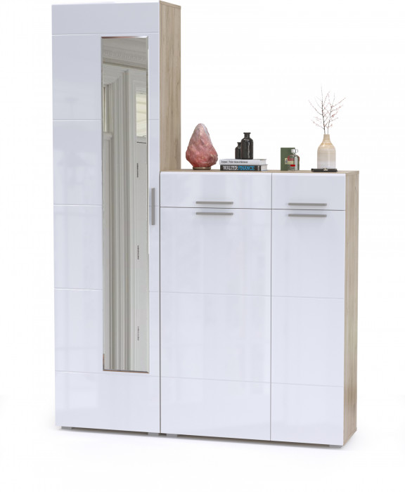 Лайн Прихожая № 13, цвет дуб крафт серый/фасады МДФ белый глянец, ШхГхВ 145х35х210 см., универсальная сборка