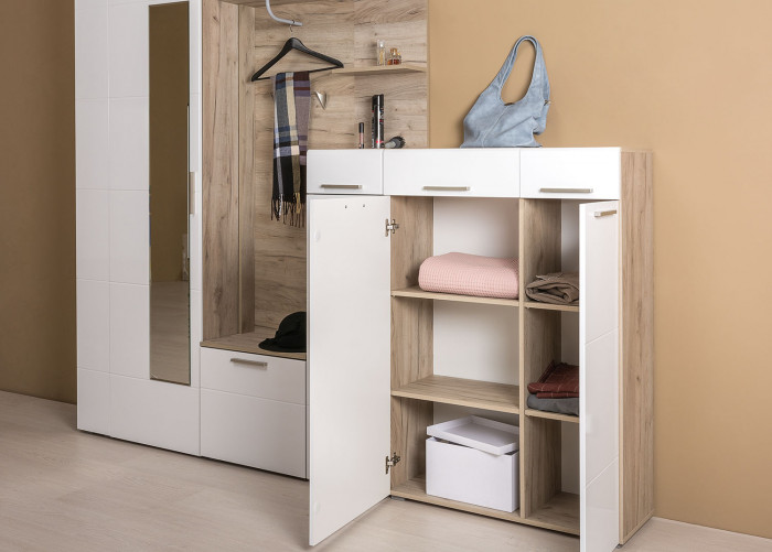 Лайн Прихожая № 13, цвет дуб крафт серый/фасады МДФ белый глянец, ШхГхВ 145х35х210 см., универсальная сборка