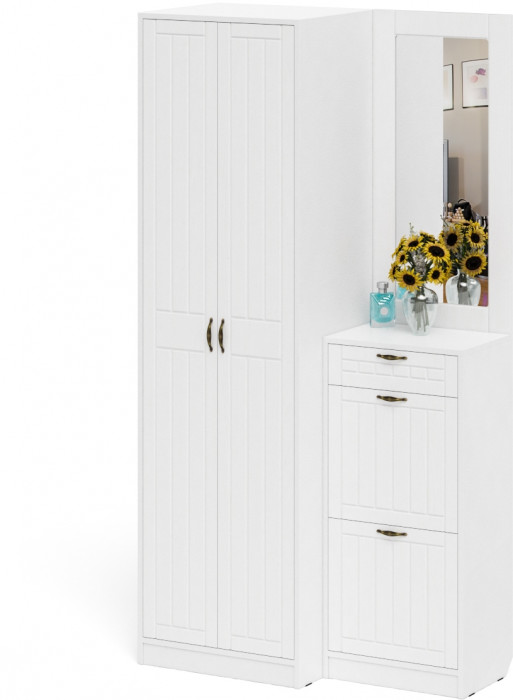 Прихожая П-6 Компоновка № 17, белая шагрень/фасады МДФ белое дерево фрезеровка прованс