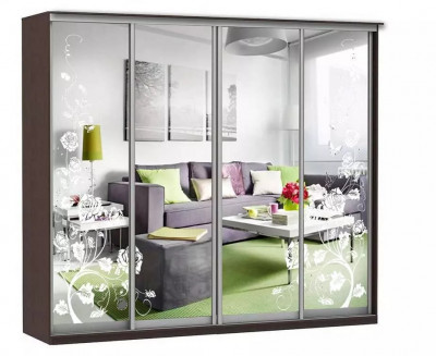 Шкаф купе Модерн 2362х450 4-х дверный 3-х секционный зеркальный с пескоструем №3 венге