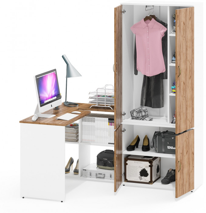 Лидер-8 Стол + Шкаф МД 20Б, цвет белый шагрень/крафт золото, ШхГхВ 245х50/37,5х75/190 или 115х160/50х75/190 см., НЕ универсальная сборка