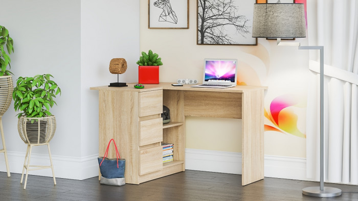 Мори Стол компьютерный МС-16 левый, цвет дуб сонома, ШхГхВ 124,4х84,9х76,6 см., выдвижные ящики слева, НЕ универсальная сборка