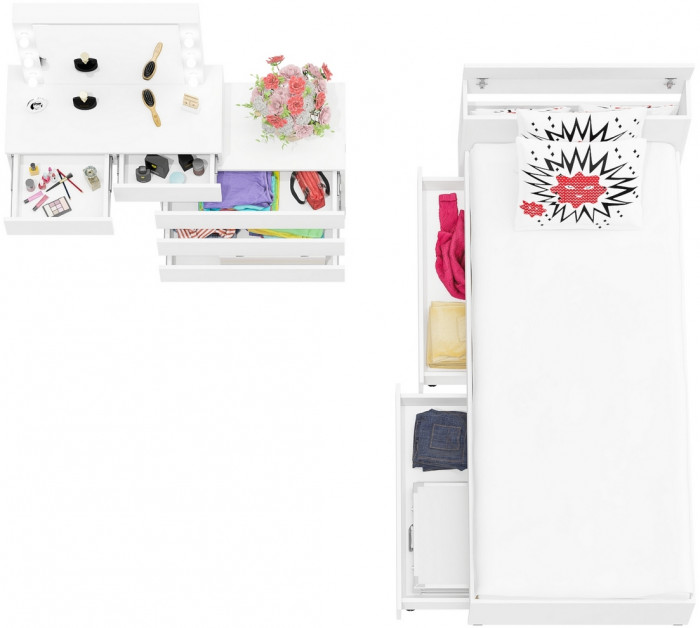 Ксения Кровать с ящиками 0900 + Стол косметический с подсветкой 110, белый