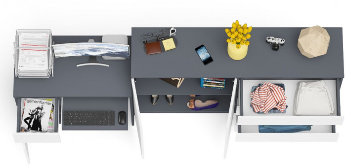 Мори компьютерный стол МС-1 левый + Комод МК1600.1, графит/белый