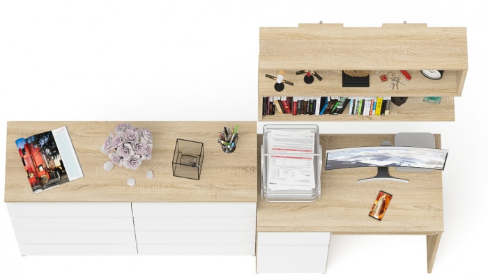 Мори Стол компьютерный МС-1 левый + Комод МК1200.8 + Полка 900, цвет дуб сонома/белый, ШхГхВ 210,4х50х209,6 см., НЕ универсальная сборка