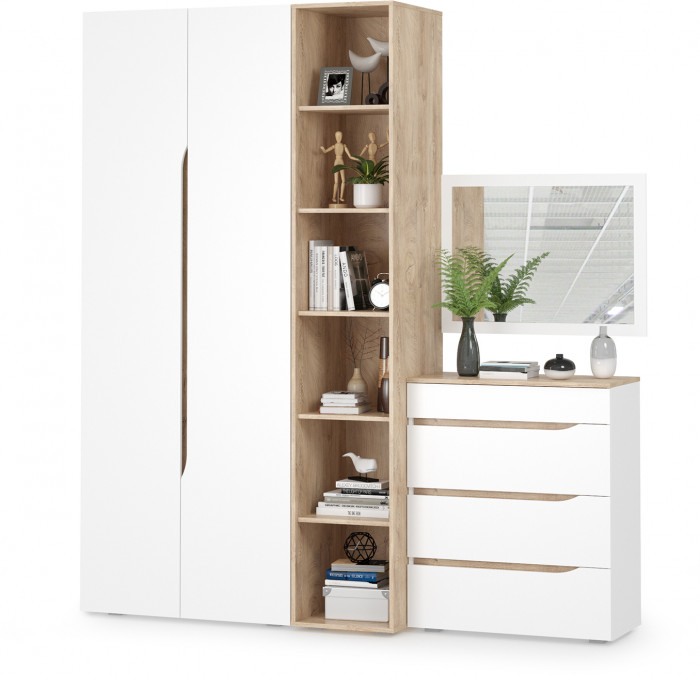 Муссон 13.198 Шкаф + 13.349 Стеллаж + 13.97 Комод + Зеркало СВК, белый/дуб эндгрейн элегантный
