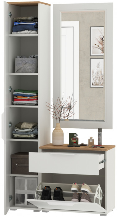 Октава Прихожая 42, белый шагрень/дуб крафт золотой/фасады МДФ белый шагрень