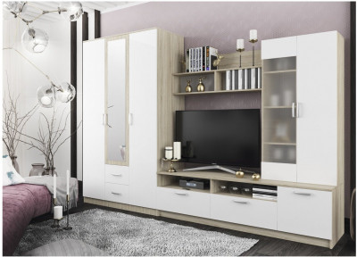 Модульная гостиная Софи, композиция 1, Белый глянец/Дуб Сонома