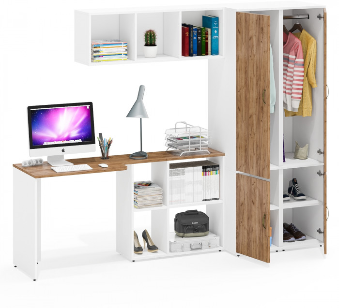 Лидер-8 Стол + Полка + Пенал МД 23Б + Пенал МД 23Б, белый шагрень/крафт золото