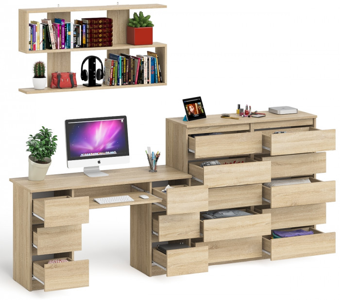 Мори компьютерный стол МС-2 + Комод МК1200.10 + Полка 1200, дуб сонома