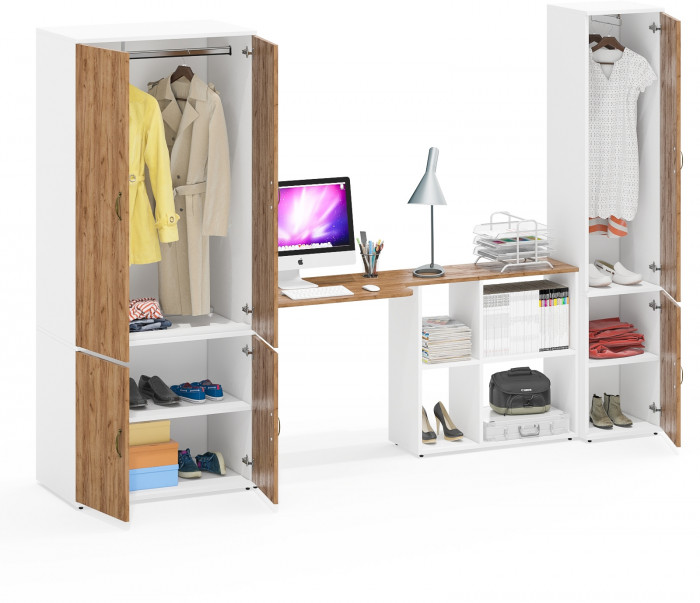 Лидер-8 Шкаф МД 19Б + Стол + Пенал 21Б, цвет белый шагрень/крафт золото, ШхГхВ 285х50/37,5х75/190 или 195х120х75/190 см., НЕ ун.сб.