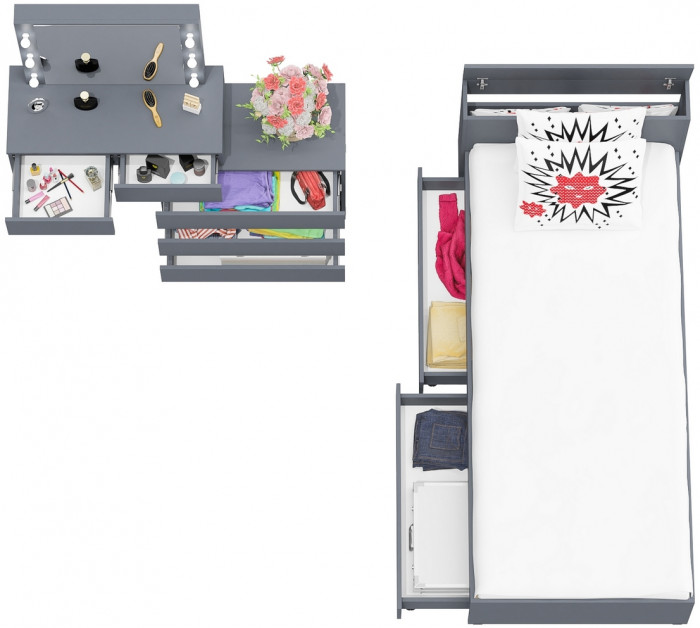 Ксения Кровать с ящиками 0900 + Стол косметический с подсветкой 110, графит