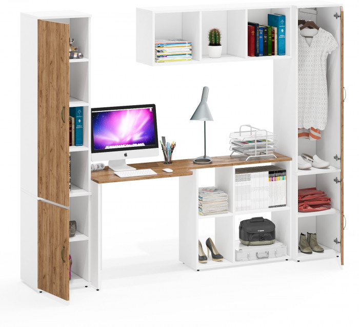 Лидер-8 Пенал МД 22Б + Стол + Полка + Пенал 21Б, белый шагрень/крафт золото