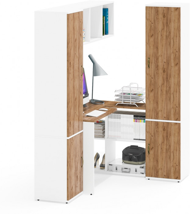 Лидер-8 Пенал МД 22Б + Стол + Полка + Пенал 21Б, белый шагрень/крафт золото