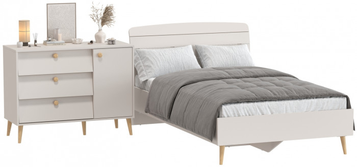 Афина Спальня Кровать 1200 + Комод, цвет кашемир серый, ШхГхВ 123,6х210,2х95,7 + 110х45,3х83 см., сп.м. 1200х2000 мм., б/м, основание есть