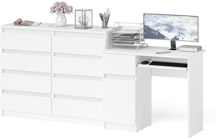Мори Стол компьютерный МС-1 левый + Комод МК1200.8, цвет белый, ШхГхВ 210,4х50х94 см., выдвижной ящик слева, НЕ универсальная сборка