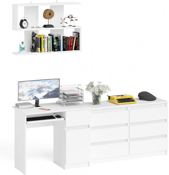 Мори Стол компьютерный МС-1 правый + Комод МК1200.6 + Полка 900, цвет белый, ШхГхВ 210,4х50х209,6 см., НЕ универсальная сборка