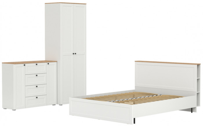 Остин 11.53 Кровать + ортопед + 13.336.02 Шкаф для одежды + 16.221 Комод, белый шагрень/дуб крафт золотой