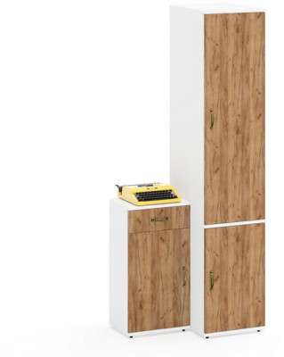 Лидер-8 Пенал МД 23Б + Тумба МД 3.15, цвет белый шагрень/крафт золото, ШхГхВ 80х50х190 см., универсальная сборка