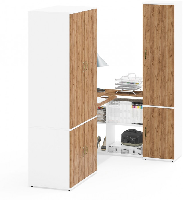 Лидер-8 Шкаф МД 19Б + Стол + Пенал 22Б, цвет белый шагрень/крафт золото, ШхГхВ 285х50/37,5х75/190 или 195х120х75/190 см., НЕ ун.сб.