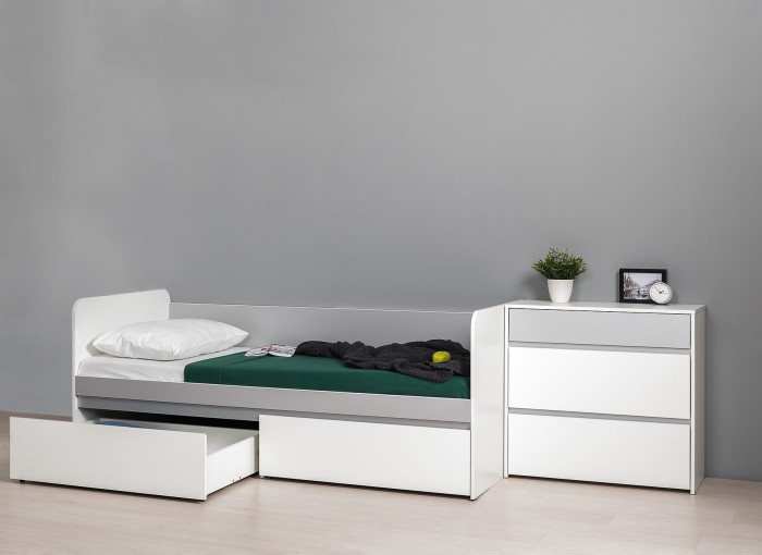 Торонто 11.39 Кровать + 13.321 Комод, цвет белый шагрень/стальной серый, ШхГхВ 274х84,4х75,4 см., сп. м. 800х1900 мм., б/м, основание есть