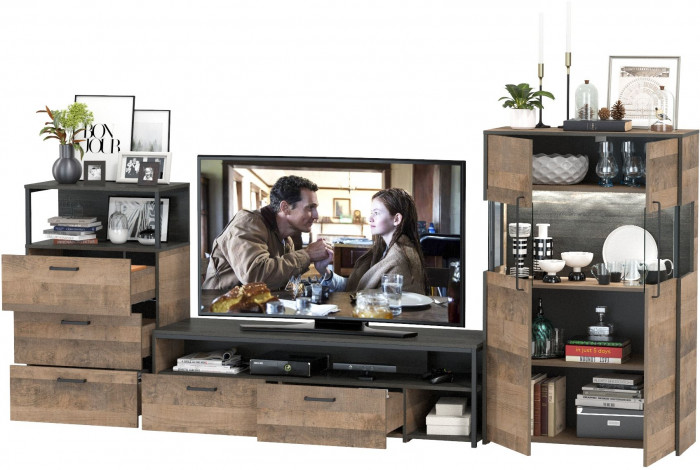 Трувор Гостиная 066, цвет дуб гранж песочный/интра, ШхГхВ 301,6х45,4х135,3 см., универсальная сборка