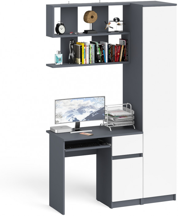 Мори компьютерный стол МС-1 правый + Пенал МШ400.1 + Полка 900, графит/белый
