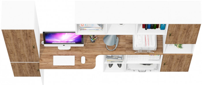 Лидер-8 Пенал МД 21Б + Стол + Полка + Пенал, цвет белый шагрень/крафт золото, ШхГхВ 245х50х75/190 или 155х120/50х75/190 см., НЕ универсальная сборка