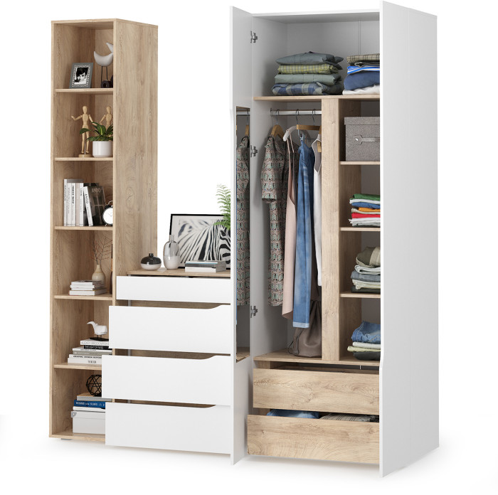Муссон 13.198 Шкаф двухстворчатый + 13.349 Стеллаж + 13.97 Комод, белый/дуб эндгрейн элегантный