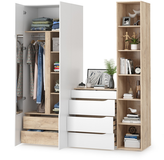 Муссон 13.198 Шкаф двухстворчатый + 13.349 Стеллаж + 13.97 Комод, белый/дуб эндгрейн элегантный