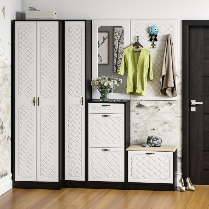 Прихожая П-6 Шкаф, венге/фасады МДФ белое дерево фрезеровка ромб