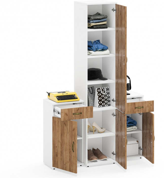 Лидер-8 Пенал МД 22Б + Тумба МД 3.15 + Тумба МД 3.15, белый шагрень/крафт золото