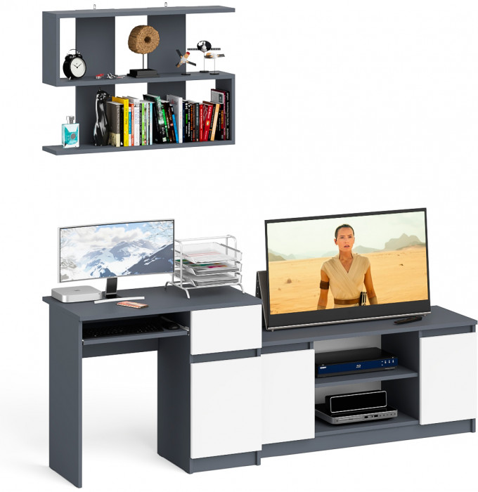 Мори Стол компьютерный МС-1 правый + Тумба МТВ1200.1 + Полка 900, цвет графит/белый, ШхГхВ 210,4х50х209,6 см., НЕ универсальная сборка