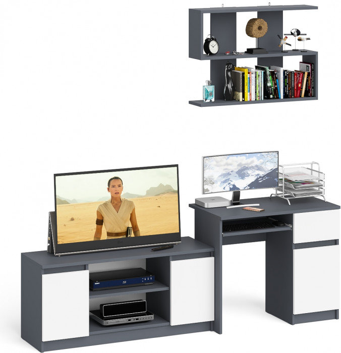 Мори Стол компьютерный МС-1 правый + Тумба МТВ1200.1 + Полка 900, цвет графит/белый, ШхГхВ 210,4х50х209,6 см., НЕ универсальная сборка