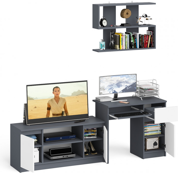 Мори Стол компьютерный МС-1 правый + Тумба МТВ1200.1 + Полка 900, цвет графит/белый, ШхГхВ 210,4х50х209,6 см., НЕ универсальная сборка