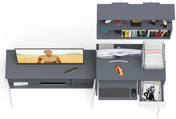 Мори Стол компьютерный МС-1 правый + Тумба МТВ1200.1 + Полка 900, цвет графит/белый, ШхГхВ 210,4х50х209,6 см., НЕ универсальная сборка