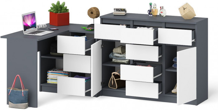 Мори Стол компьютерный МС-16 правый + Комод МК1200.4, цвет графит/белый, ШхГхВ 244,8х84,9х94 см., выдвижные ящики справа, НЕ универсальная сборка