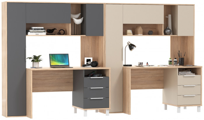 Два стола компьютерных Комфорт 12.95N, цвет дуб сонома/сатин/дуб сонома/тёмно-серый, ШхГхВ 324х60,3х180 см., НЕ универсальная сборка