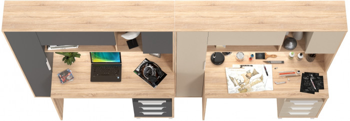 Два стола компьютерных Комфорт 12.95N, цвет дуб сонома/сатин/дуб сонома/тёмно-серый, ШхГхВ 324х60,3х180 см., НЕ универсальная сборка