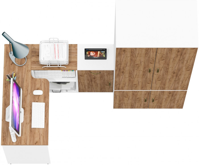 Лидер-8 Стол + Тумба МД 3.15 + Шкаф МД 19Б, белый шагрень/крафт золото