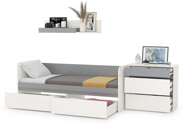 Торонто 11.39 Кровать + 16.475 Полка + 13.321 Комод, цвет белый шагрень/стальной серый, ШхГхВ 274х84,4х150 см., сп. м. 800х1900 мм, б/м, основан. есть