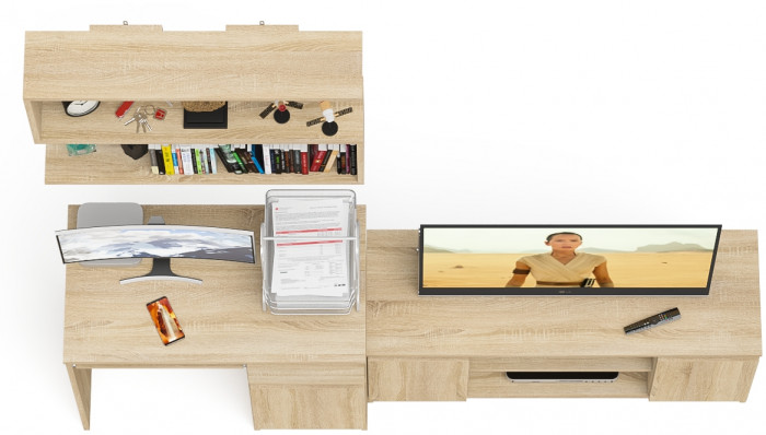 Мори Стол компьютерный МС-1 правый + Тумба МТВ1200.1 + Полка 900, цвет дуб сонома, ШхГхВ 210,4х50х209,6 см., НЕ универсальная сборка