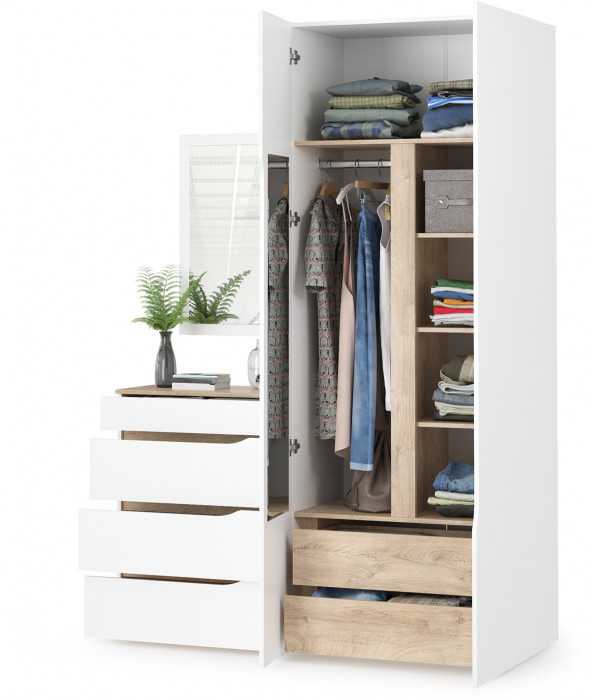 Муссон 13.198 Шкаф двухстворчатый + 13.97 Комод + Зеркало СВК, белый/дуб эндгрейн элегантный