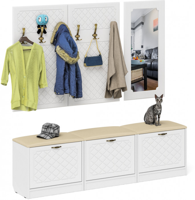 Прихожая П-6 Компоновка № 03, цвет белая шагрень/фасады МДФ белое дерево фрезеровка ромб, ШхГхВ 180х35х200 см., универсальная сборка