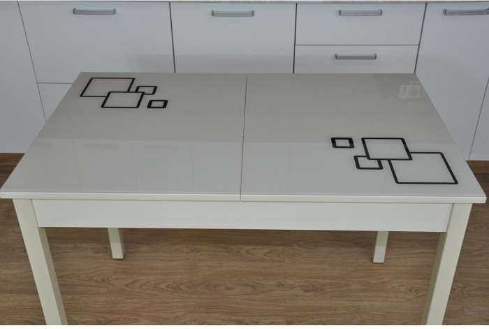 Альфа фотопечать стол обеденный раздвижной / квадраты на бежевом/дуб молочный/бежевый