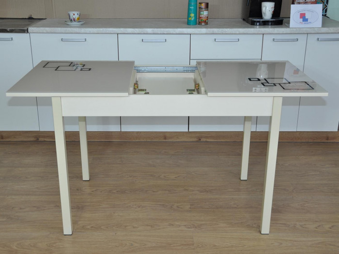 Альфа фотопечать стол обеденный раздвижной / квадраты на бежевом/дуб молочный/бежевый