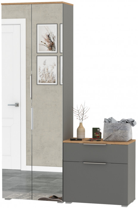 Октава Прихожая 09, цвет серый графит/дуб крафт золотой/фасады МДФ серый графит, ШхГхВ 129,3х35,4х197,6 см., универсальная сборка