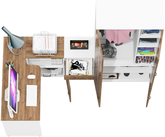 Лидер-8 Стол + Тумба МД 3.15 + Шкаф МД 20Б, белый шагрень/крафт золото