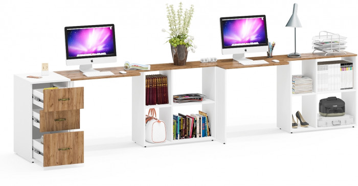 Лидер-8 Стол + Стол + Тумба МД 3.16, цвет белый шагрень/крафт золото, ШхГхВ 370х50/30х75 см. или 230х50/120х75 см., НЕ универсальная сборка