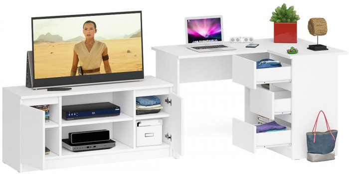 Мори компьютерный стол МС-16 правый + Тумба МТВ1200.1, белый